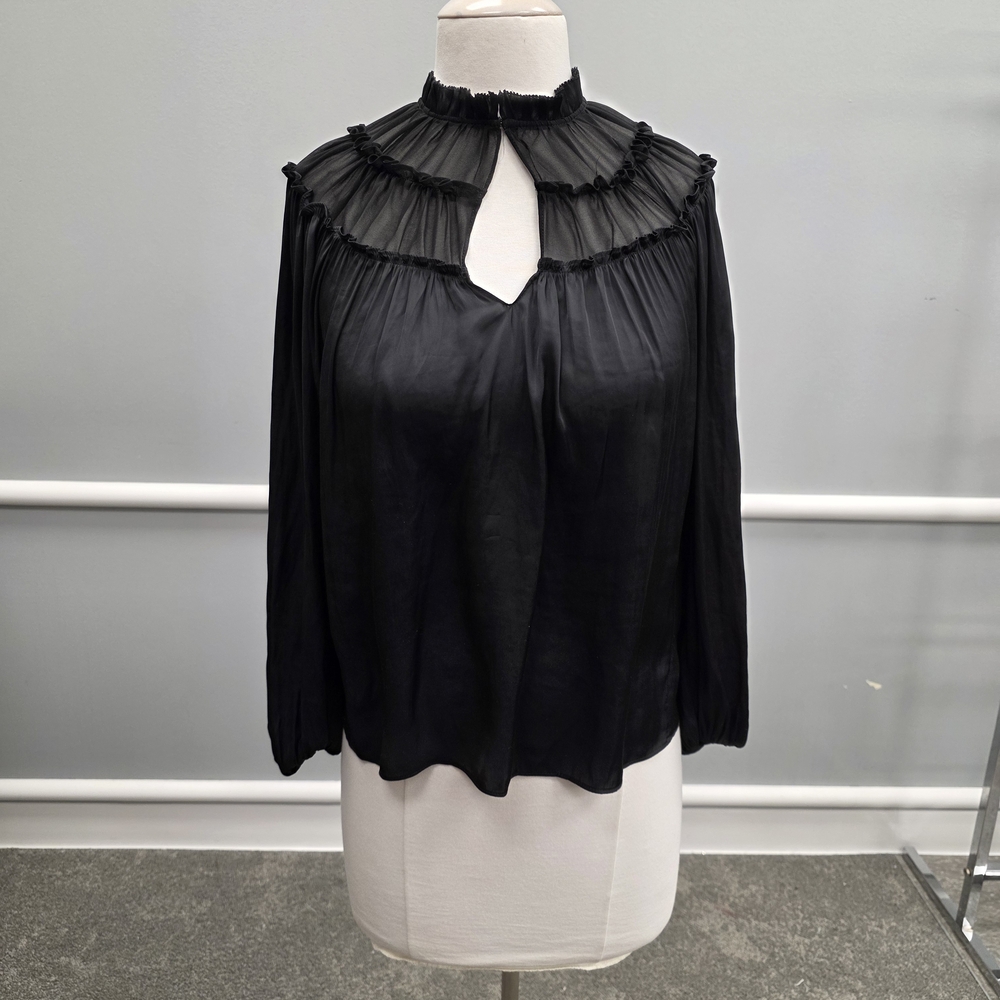 Ramy Brook Black Satin Ruffle Neckline Blouse